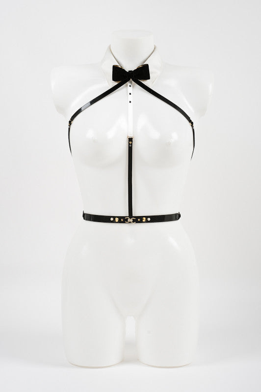 Ivory Crepe Satin Collar Patent Leather Harness - Tuxedo Harness
