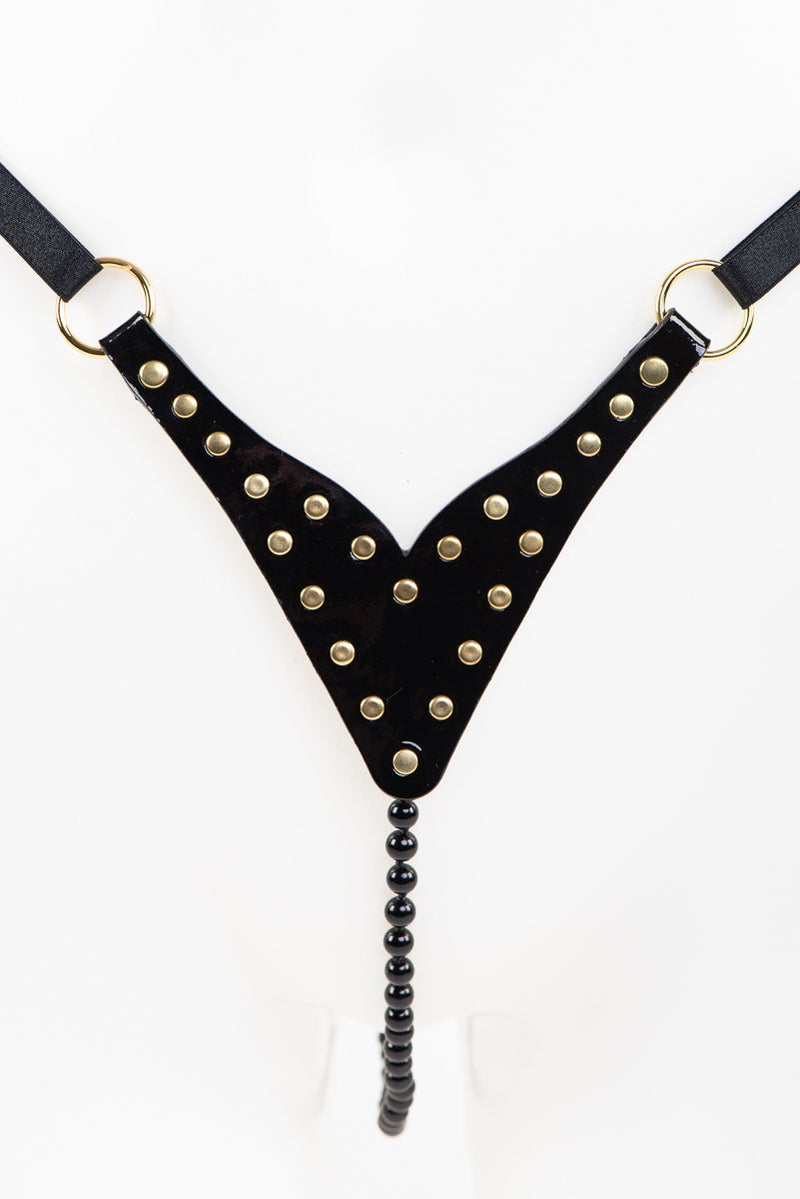 Buy Fraulein Kink Online. Patent Leather Pearl String with Gold Rivets.