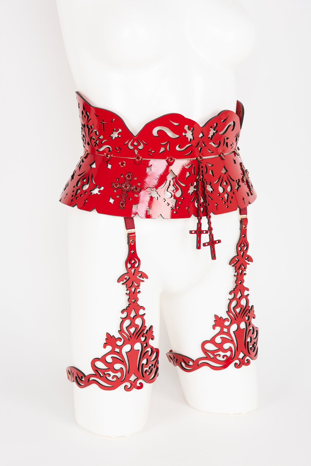 Luxury Patent Leather Garter Belt and Suspenders with Crystal Rivets Buy Online at Fraulein Kink
